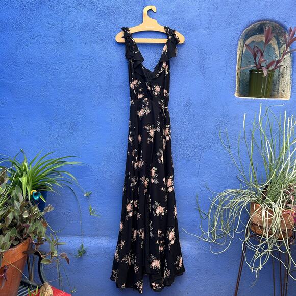 reformation black floral clarice peppermint sleeveless wrap maxi dress gown - Picture 1 of 10